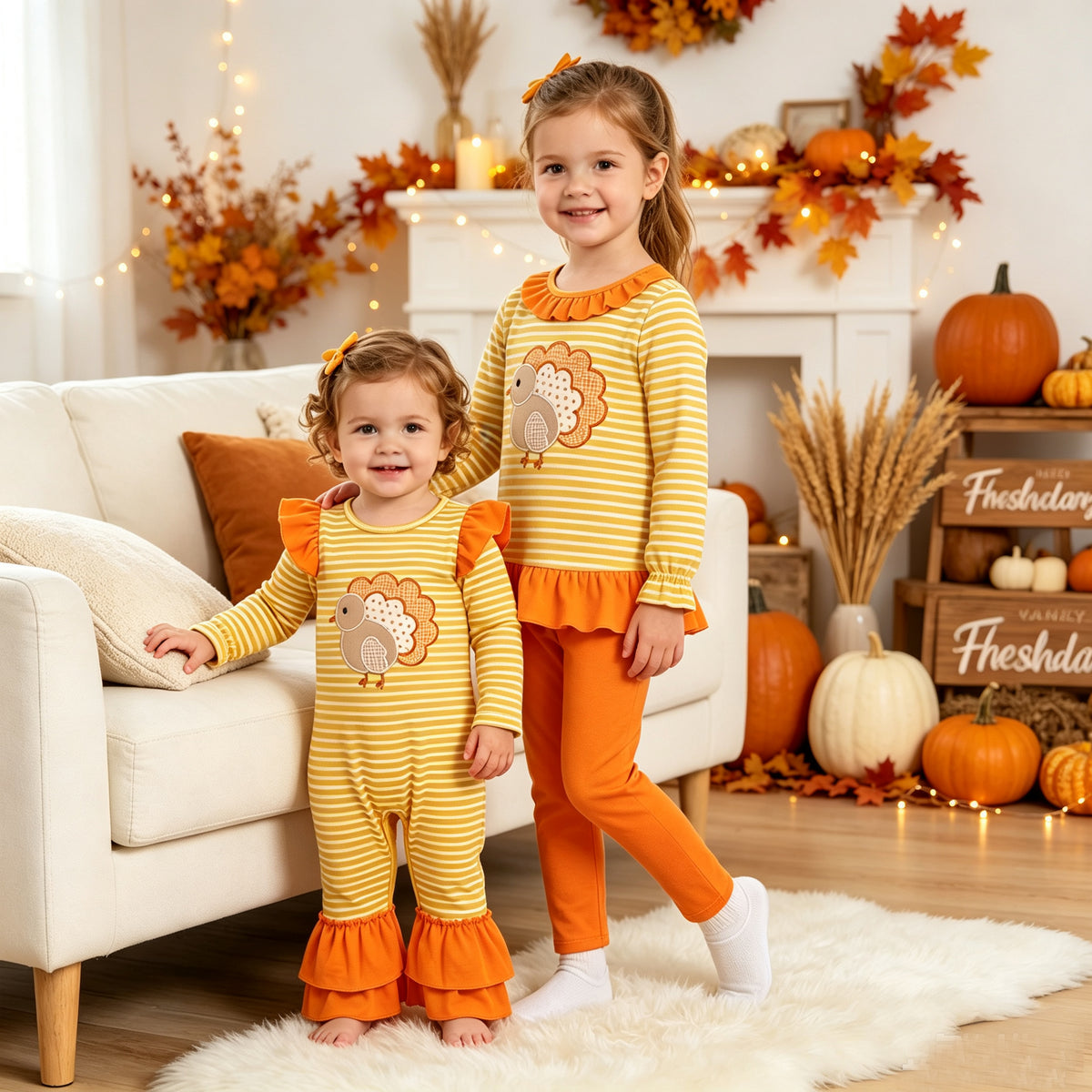 Sibling Baby Girls Thanksgiving Embroidery Turley Outfit and Romper