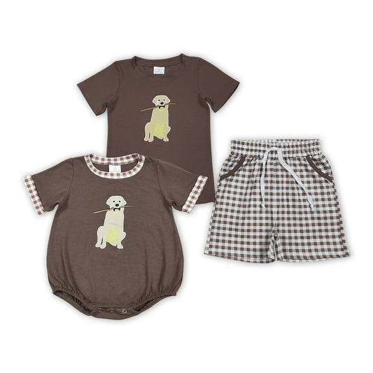Kids Puppy Embroidery Sibling Set - Brown & White Gingham Baby & Toddler Outfit