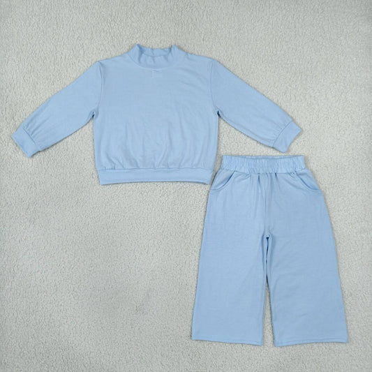 GLP3472 Blue Color Long Sleeve Mock Neck Top Pocket Pants Girls Cotton Clothes Set