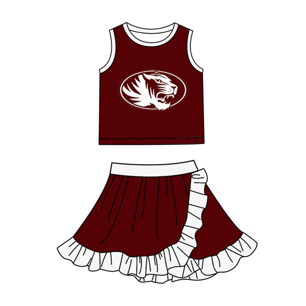 (Custom Preorder MOQ 5) Baby Girls Red Silsbee Tigers Vest Top Ruffle Skirt Short Team Clothes Sets