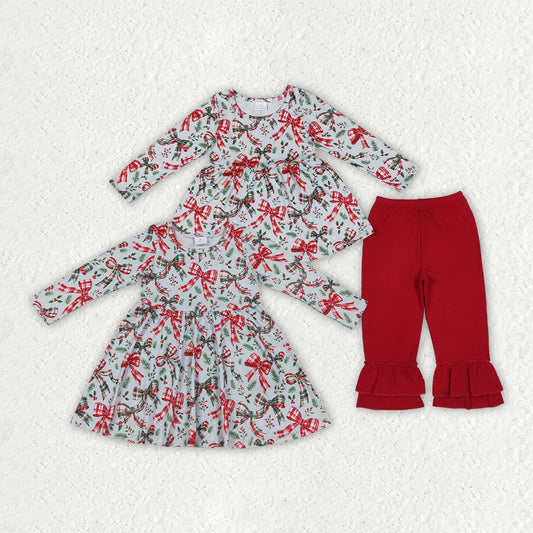 Sibling Kids Girls Christmas Bow Tunic Top Outfit and Dress