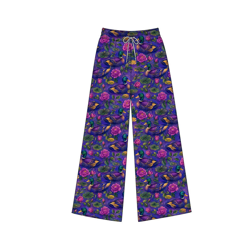 (Custom Design Preorder MOQ 5 Each ) Mallard Duck Flowers Print Girls & Adult Bottom Straight Pants