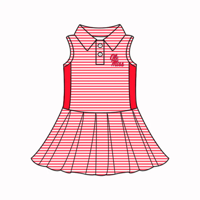 (Custom Design Preorder MOQ 5) Baby Girls Red Stripe Ole Miss Button Team Knee Length Dresses