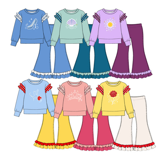 (Custom Design Preorder MOQ 5 Each) Cartoon Princess Print Girls Ruffles Clothes Set Sisters Wear