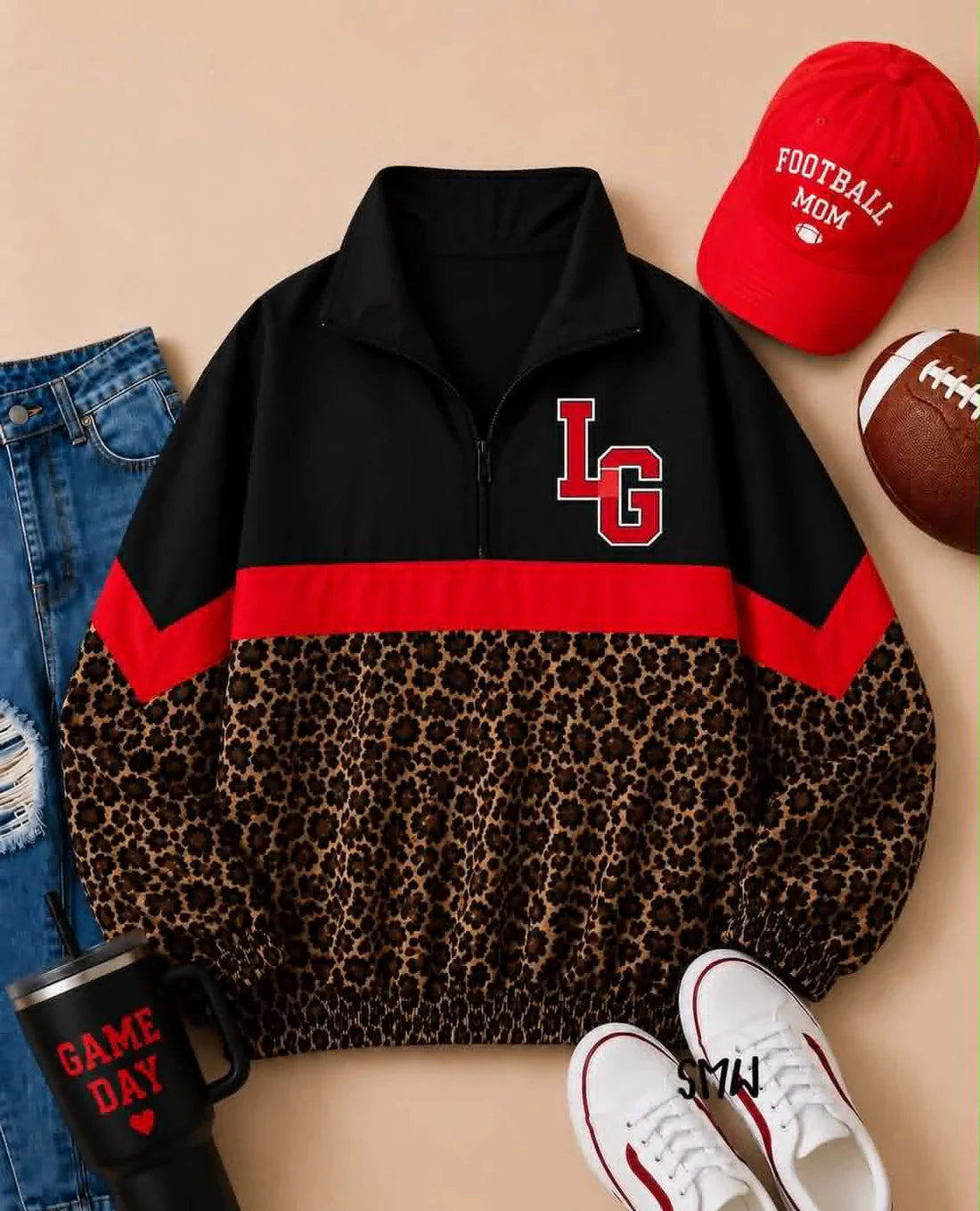 (Custom Preorder MOQ 5) Baby Boys Long Sleeve Black Red Leopard LG Team Zip Pullovers Tops