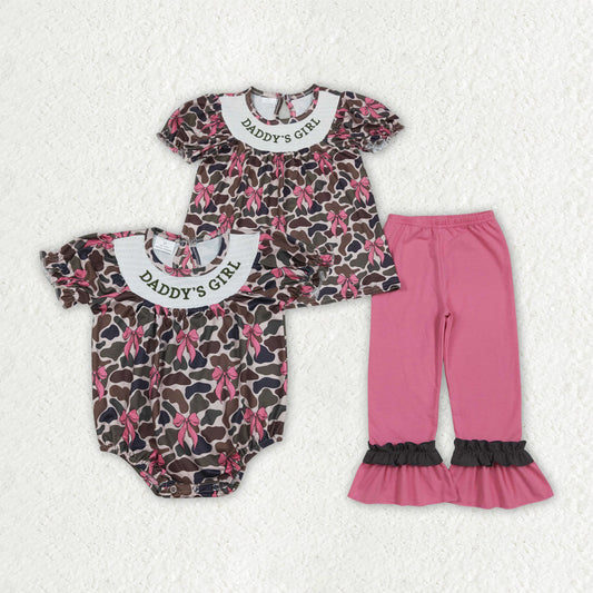 Sibling Baby Girls Smocked Daddy's Girl Camo Bows Tunic Ruffle Pants Clothes Set Romper