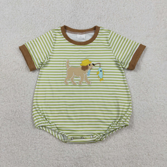 Sibling Baby Boys Embroidery Dog Fishing Stripe Top Short Hunting Clothes Set Rompers