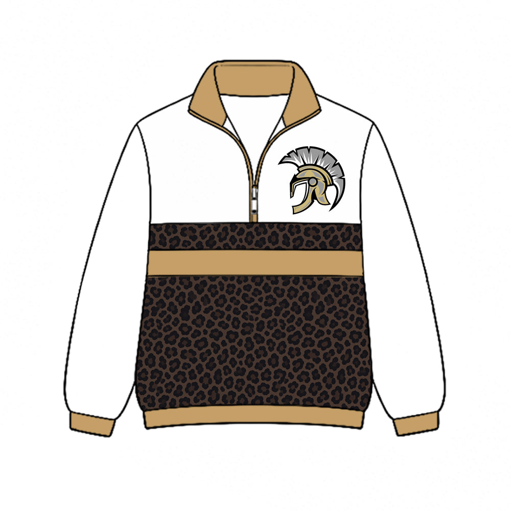 (Custom Design Preorder MOQ 5) Spartans Leopard Print Girls & Women Sports Team Long Sleeve Zipper Pullover Top