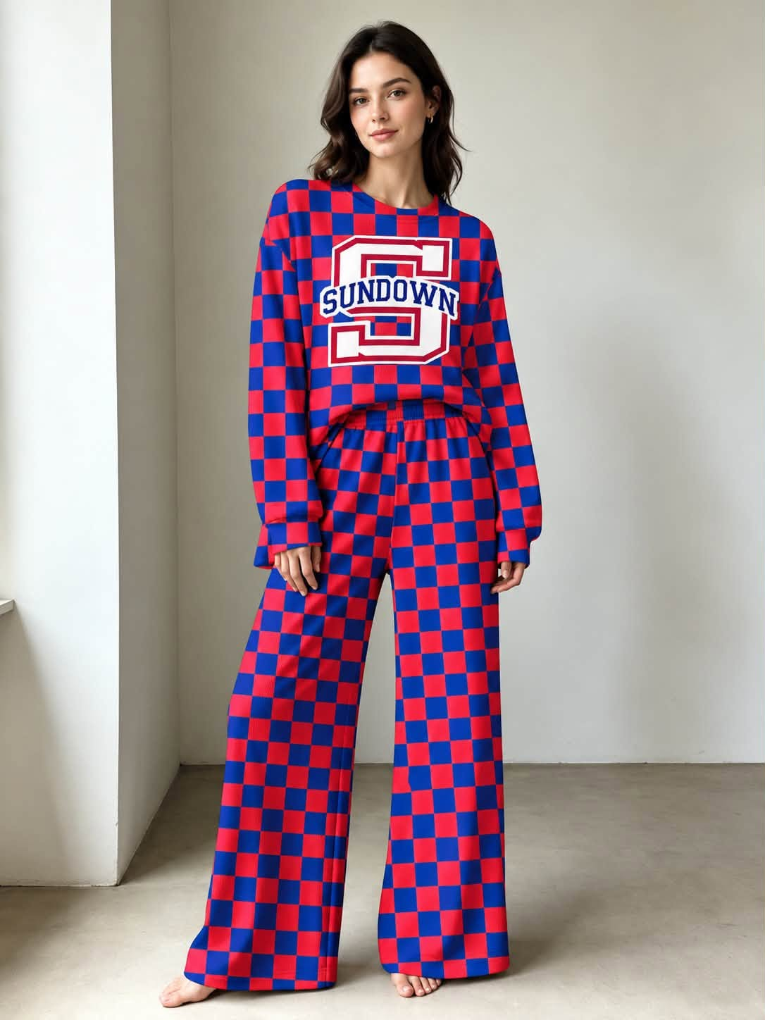 Preorder (5 MOQ) Royal Blue Pink Checked Long Sleeve Top Logo Pockets Pants Girls & Woman Clothes Set