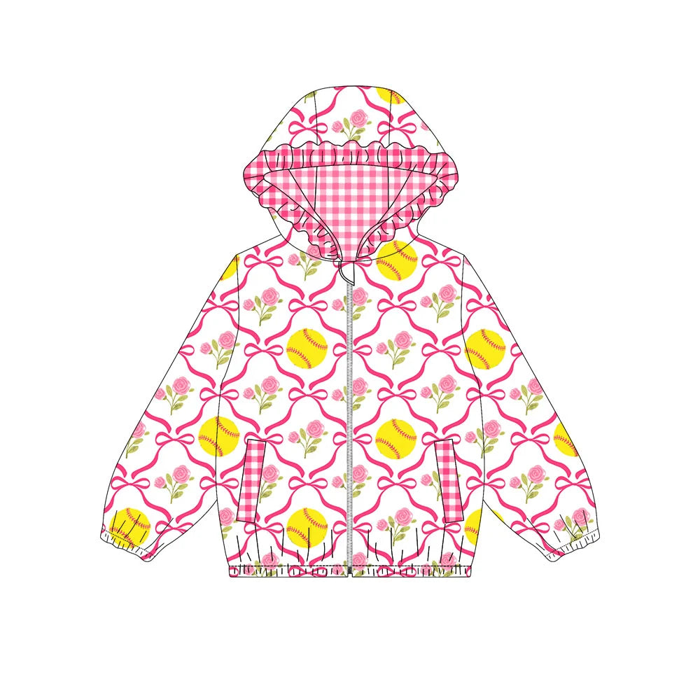 Preorder 5 MOQ Baby Girls Flowers Softball Long Sleeve Zip Up Hoodie Jacket