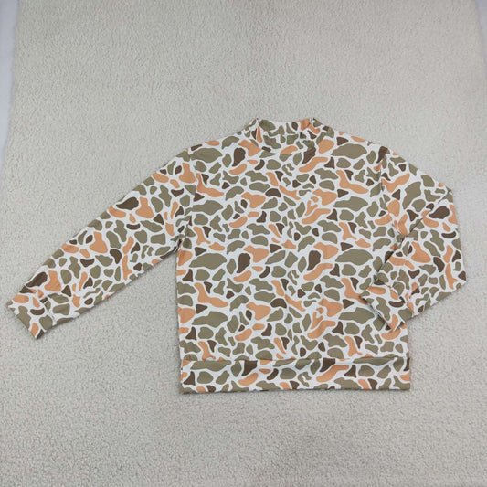 GT1819 Adult Orange Green Camo Print Woman Mock Neck Yoga Long Sleeve Tee Shirts Top