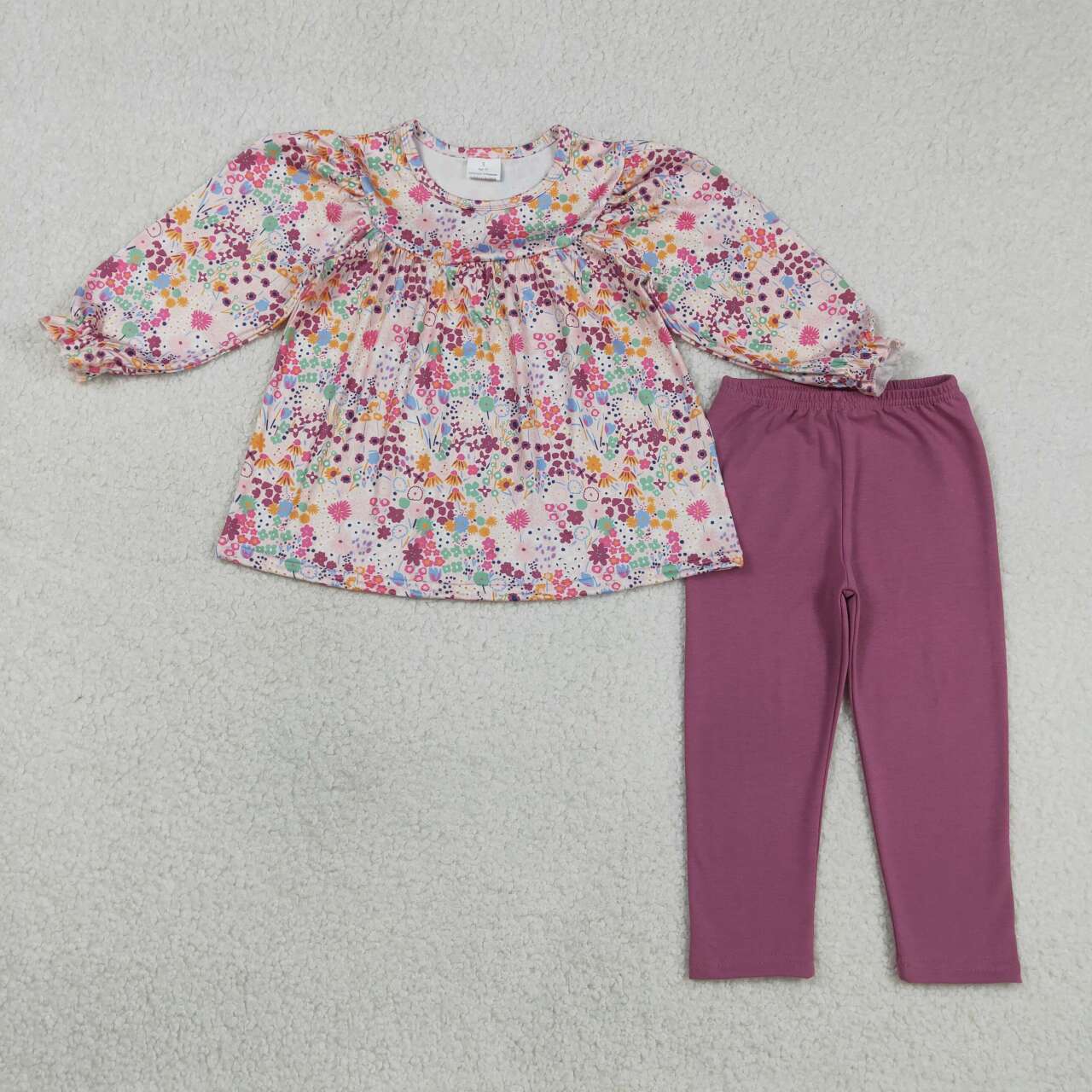 Kids Girls Spring Purple Floral Long Sleeve Tunic Top with Cotton Leggings Outfit