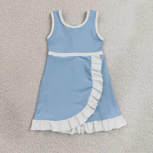 GSD4124 Blue & White Girls Sleeveless Ruffle Yoga Zipper Dress