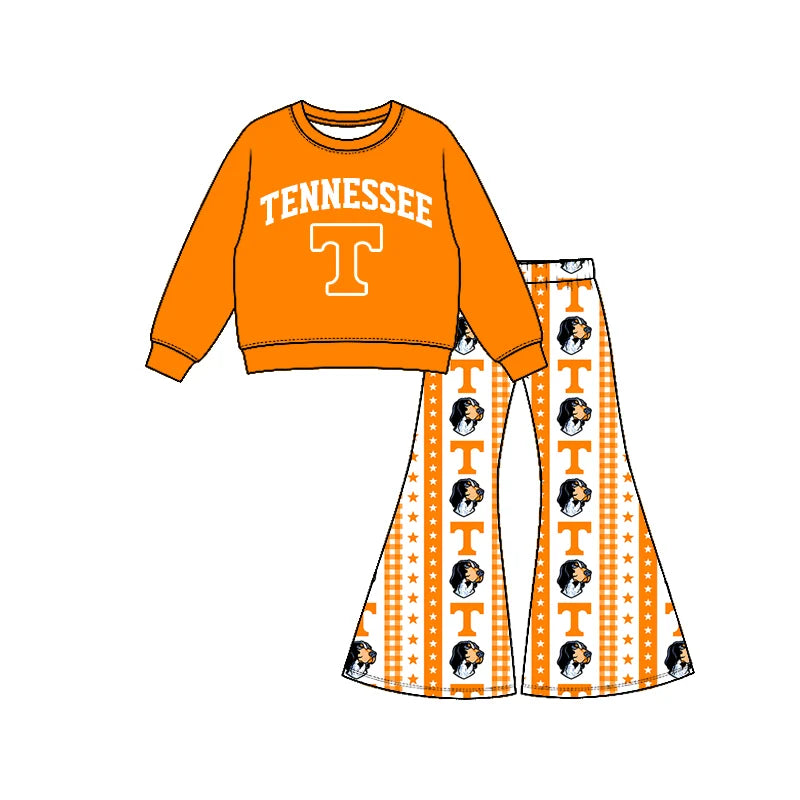 Preorder( 5 MOQ) Baby Girls Sport Team Tennessee Long Sleeve Top Bell Bottom Pants Outfit