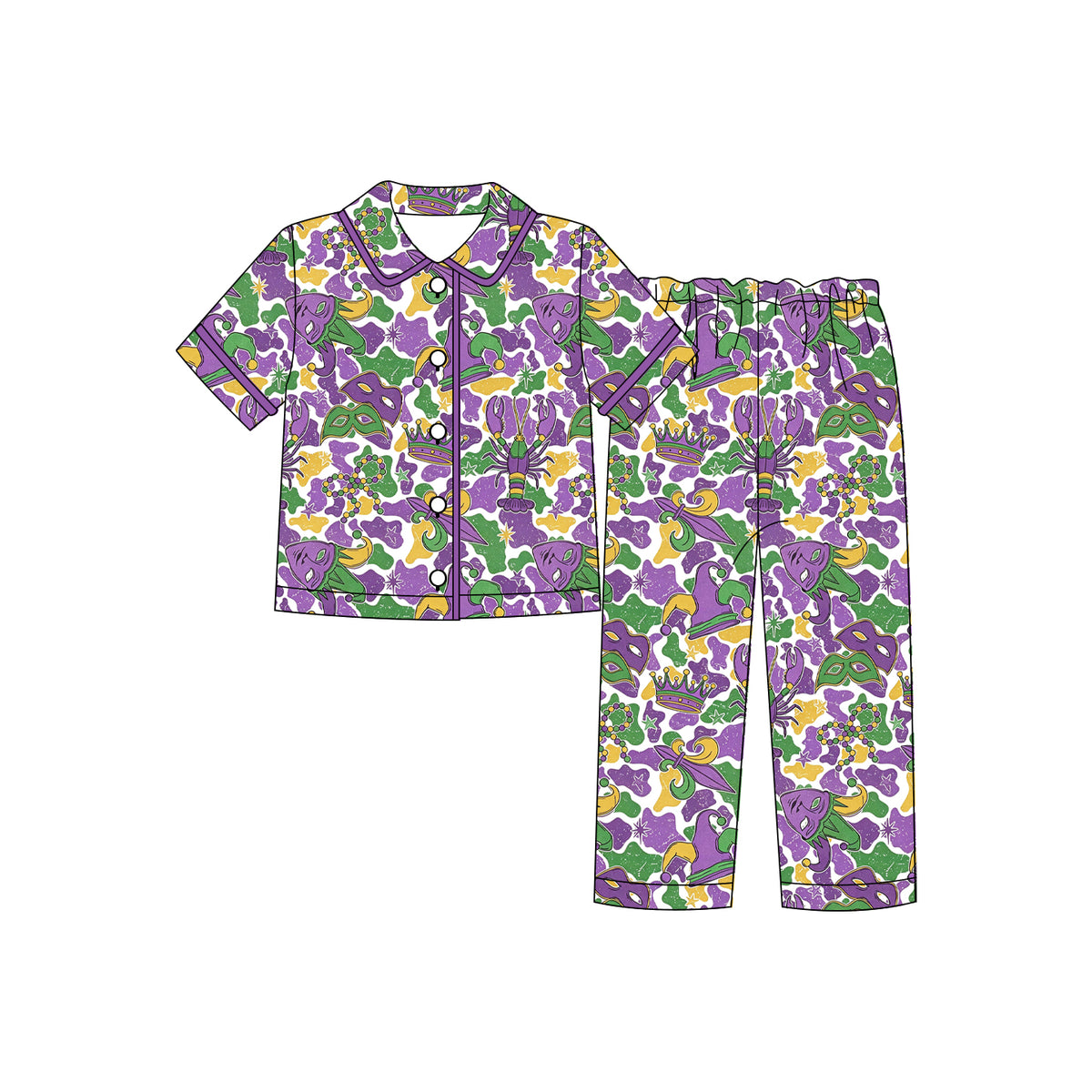 (Custom Design Preorder MOQ 5 Each)Mask Print Girls Mardi Gras Buttons Pajamas Clothes Set Sisters Wear