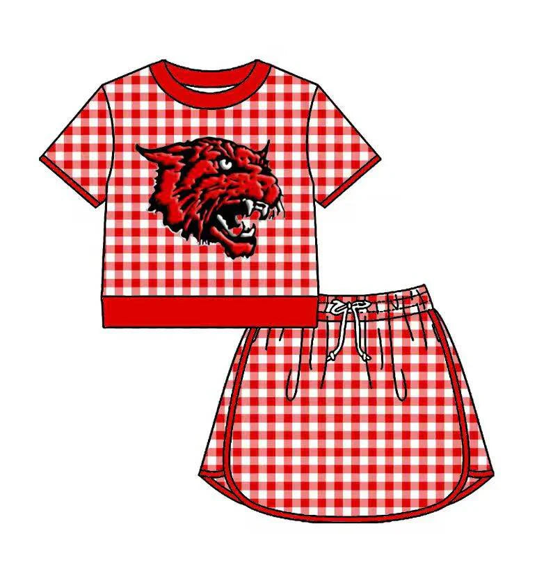 (Custom Preorder MOQ 5) Baby Girls Red Checked Kirbyville Wildcat Shirt Top Skirt Short Team Sets