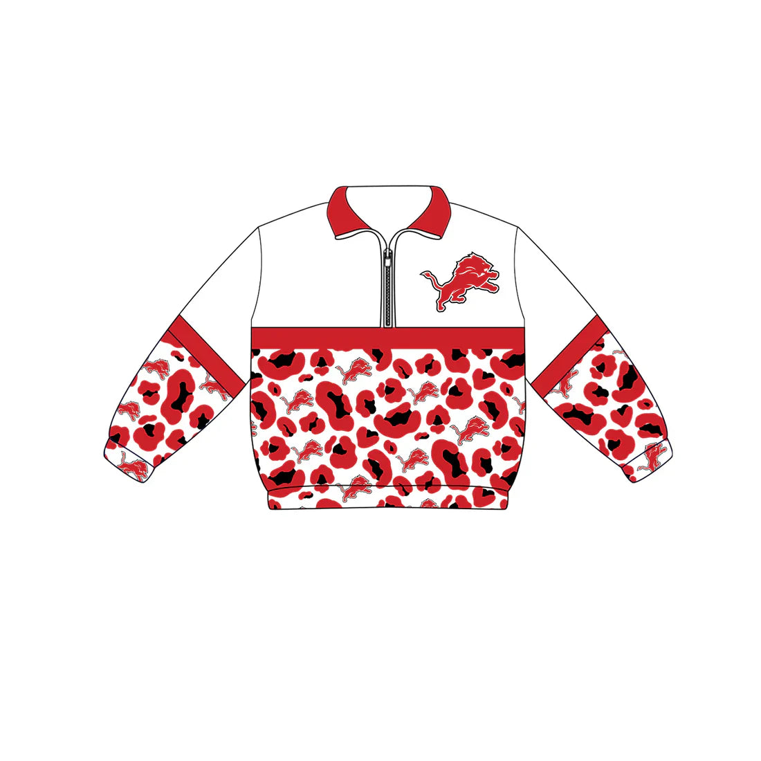 (Custom Preorder MOQ 5) Baby Boys Long Sleeve Red Leopard Detroit Lions Team Zip Pullovers Top