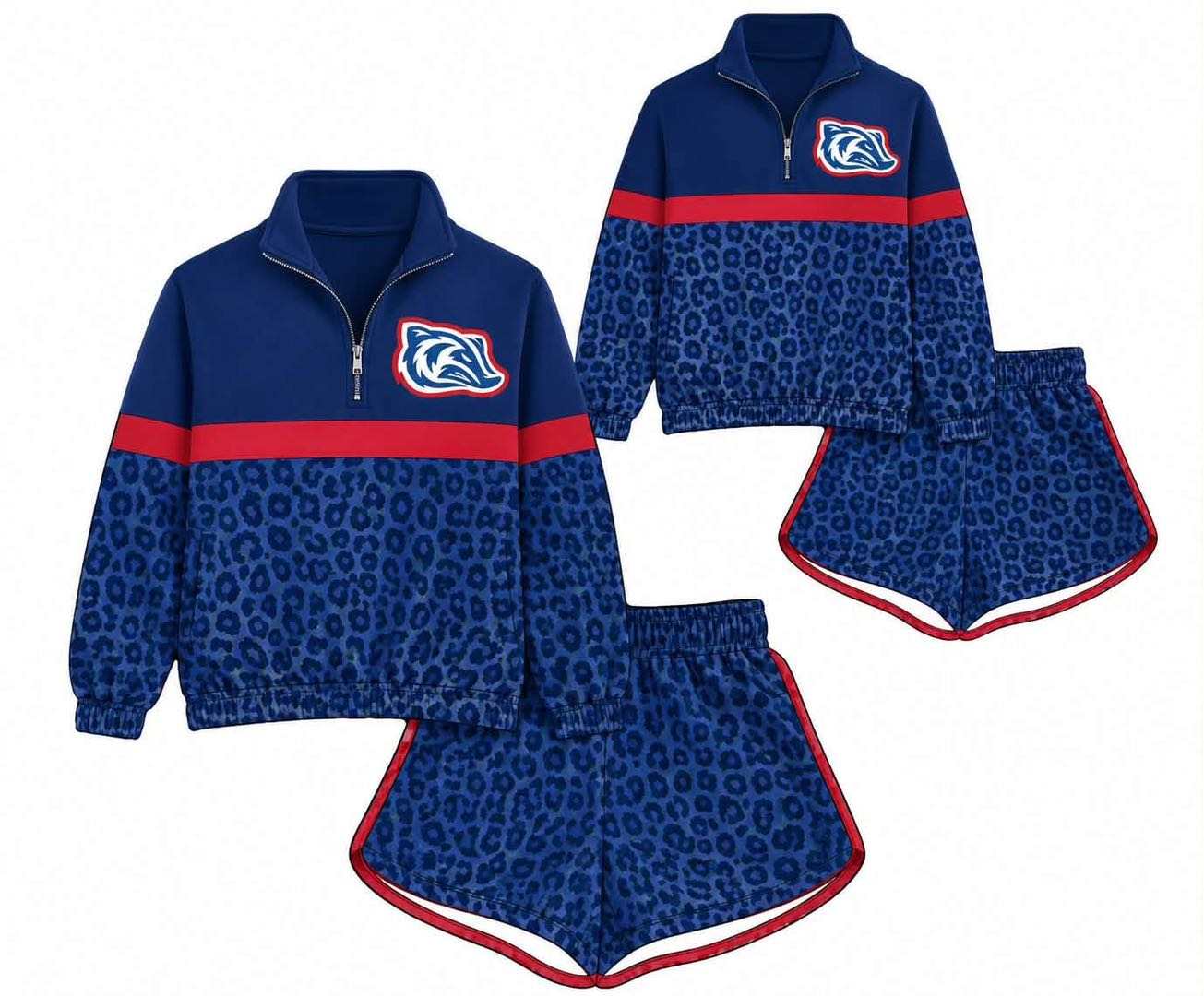 (Custom Design Preorder MOQ 5) Teams Arkadelphia badgers Blue Leopard Leopard Long Sleeve Zipper Top Shorts Mommy and Me Outfits
