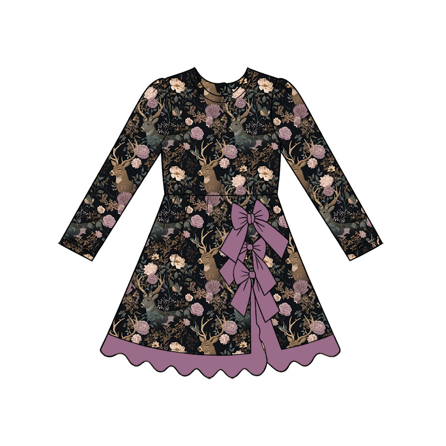 (Custom Design Preorder MOQ 5) Deer Flowers Print Girls Fall Bows Regular Ruffle Dress