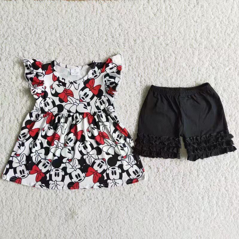 Cartoon Mouse Tunic Top Black Shorts Girls Summer Outfits D12-1