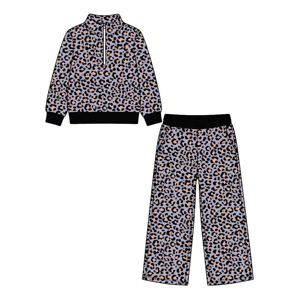 (Custom Design Preorder MOQ 5) Leoaprd Zipper Top Pockets Pants Girls Clothes Set Sisters Wear