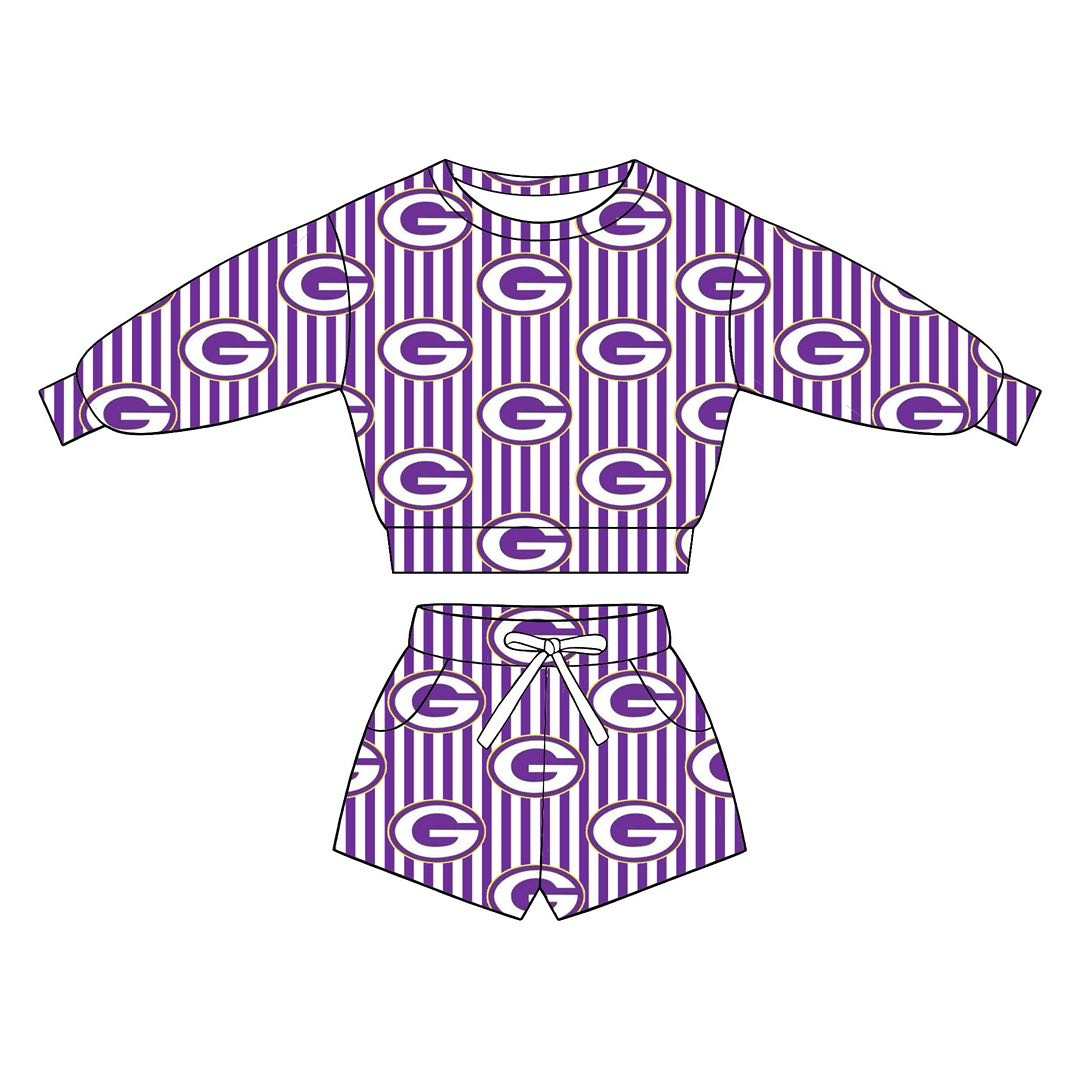 (Custom Design Preorder MOQ 5) Teams Gurdon Stripes Long Sleeve Top Pockets Shorts Mommy and Me Outfits