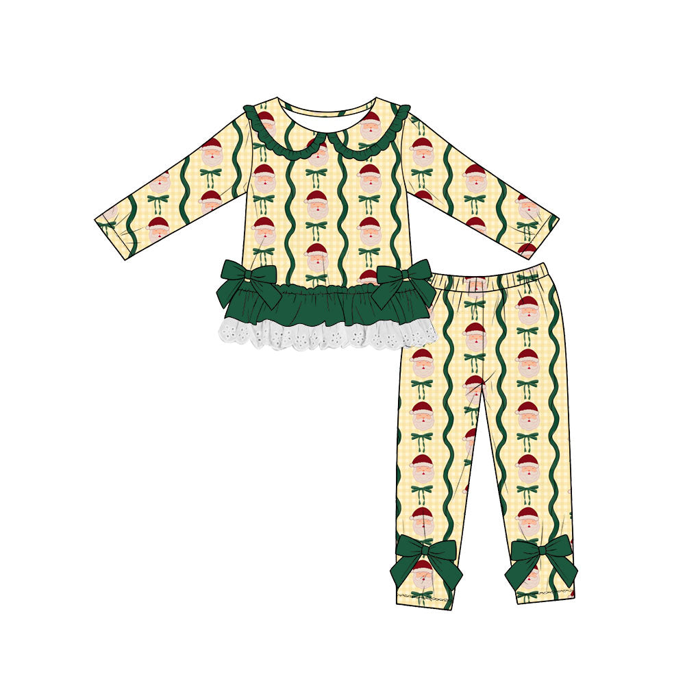 (Custom Design Preorder MOQ 5) Santa Bows Checkerd Ruffle Top Legging Pants Girls Christmas Clothes Set
