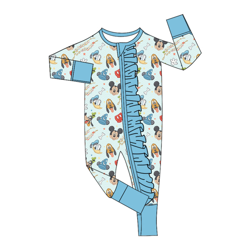 (Custom Design Preorder MOQ 5 ) Cartoon Mouse Blue Print Baby Girls Zipper Sleeper Romper