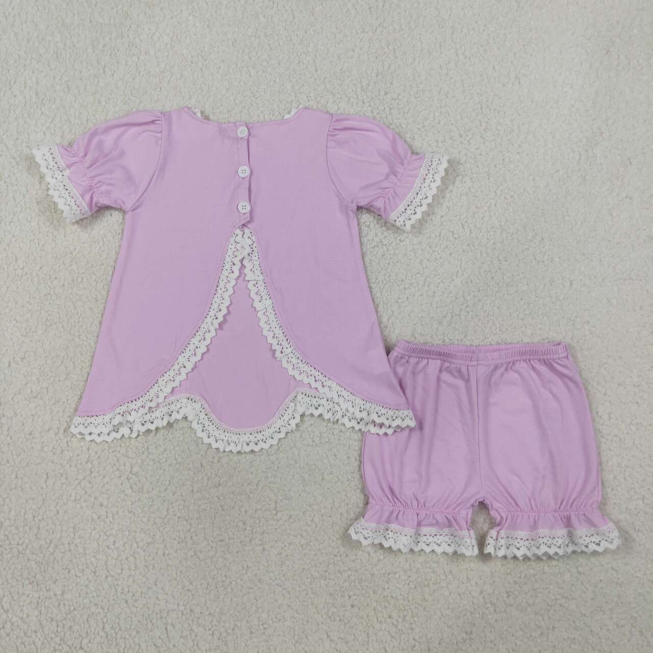 GSSO3681 Lavender Cotton Lace Trim 2-Piece Outfits | Puff Sleeve Backless Top & Bloomer Shorts Baby Girls Summer Clothes Set