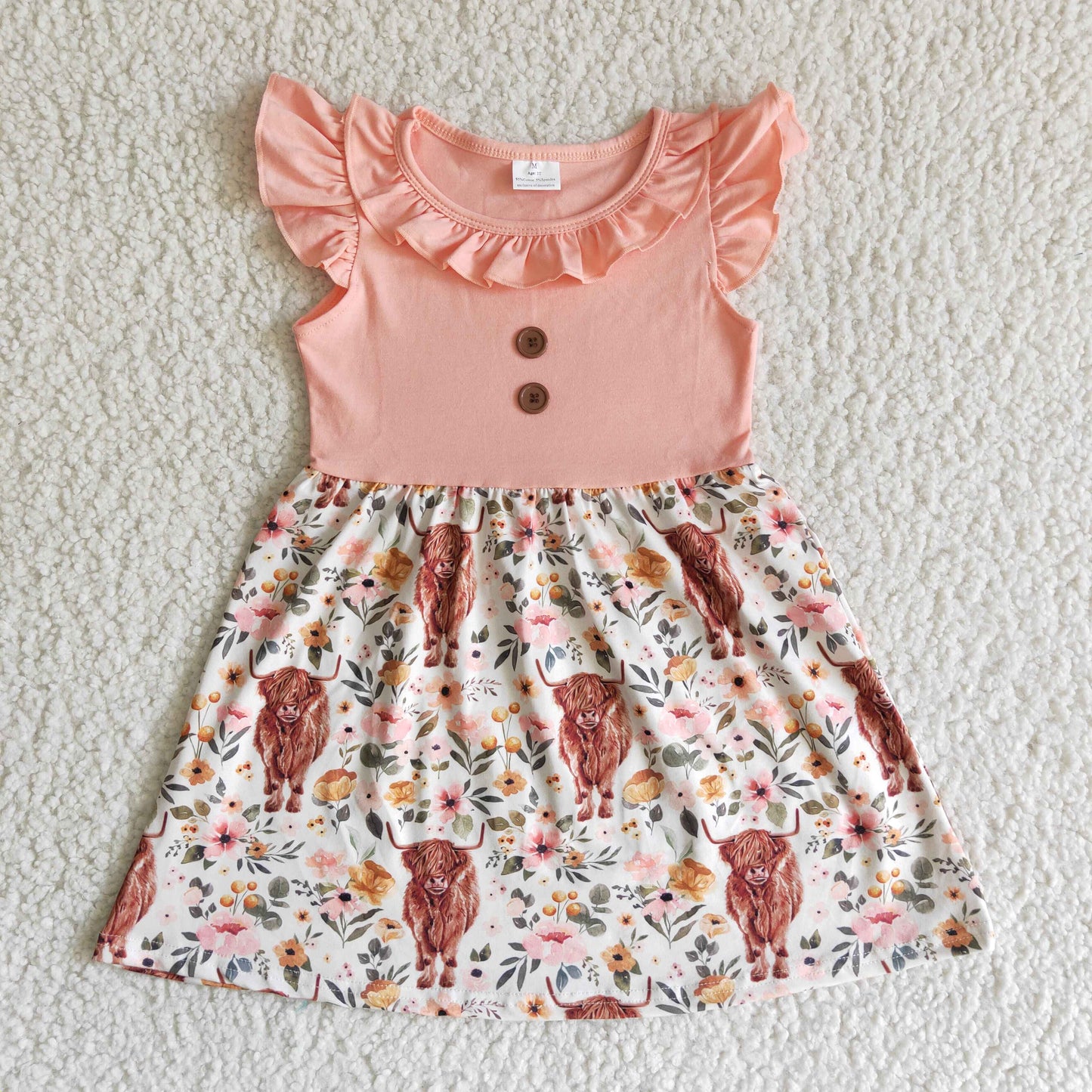 (Promotion)B13-30 Highland Cow Flowers Pink Girls Summer Dress