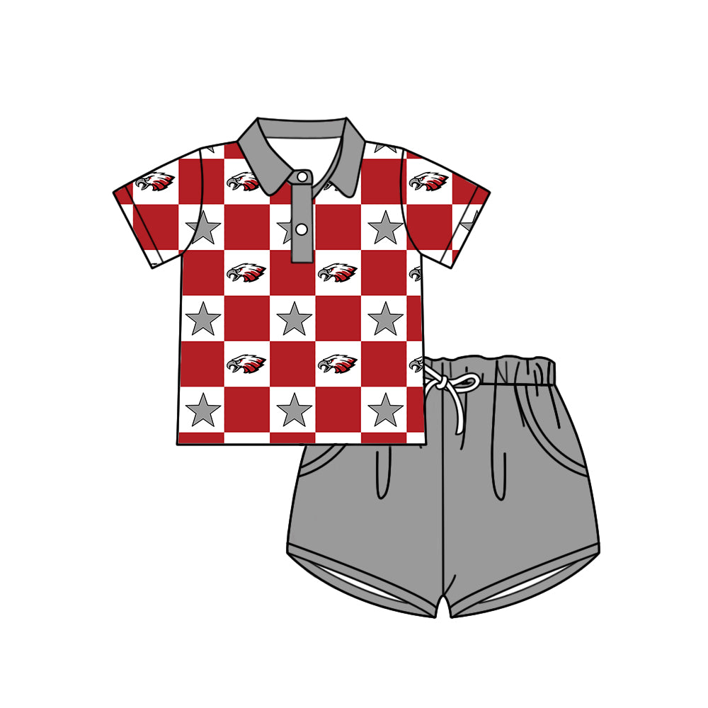 (Custom Design Preorder MOQ 5 Each Item) Teams Eagle Bows Red Plaid Print Kids Clothes Sibling & Family Matching Styles