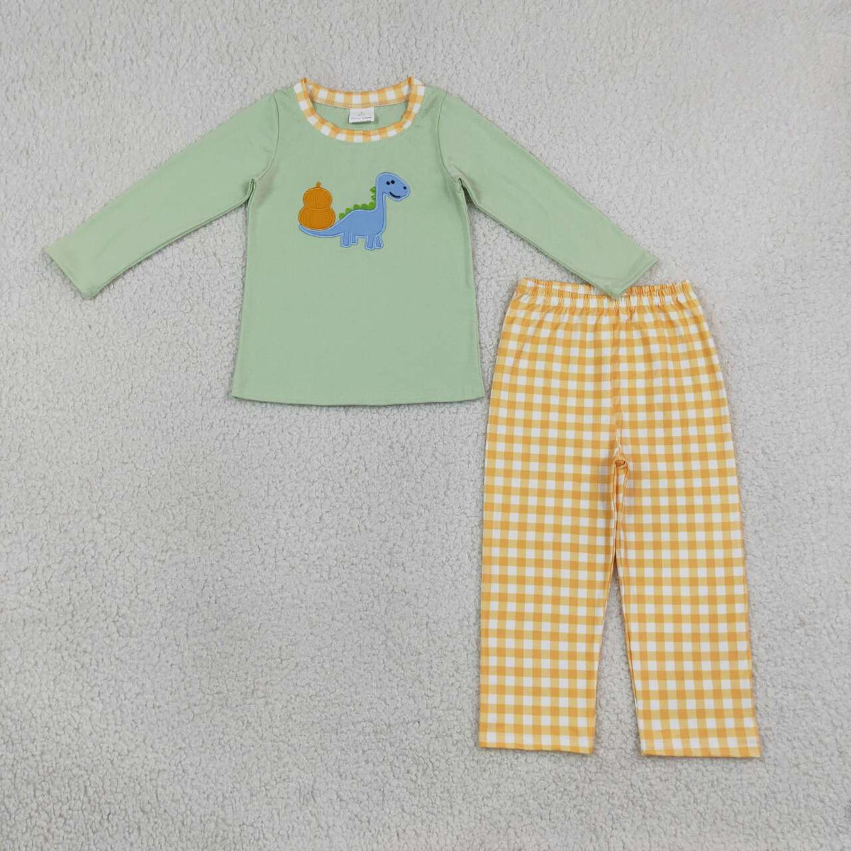 Dino Pumpkin Top Checkered Pants Boys Fall Clothes Set