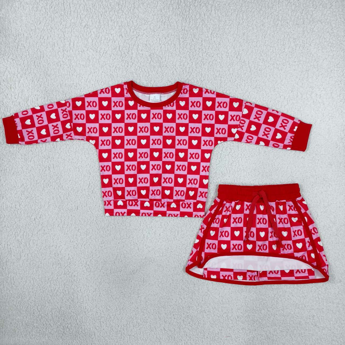 XO Heart Checkered Print Long Sleeve Top Skirts Girls Valentine's Day Clothes Set