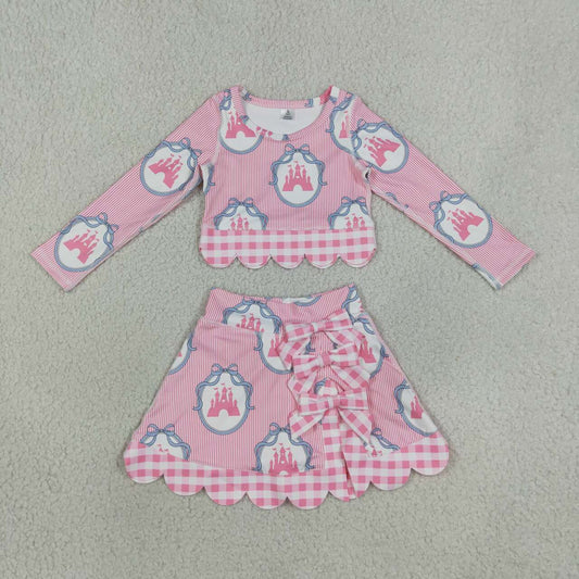 GLD1601 Castle Bows Pink Long Sleeve Top Skort Girls Scallop Yoga Clothes Set