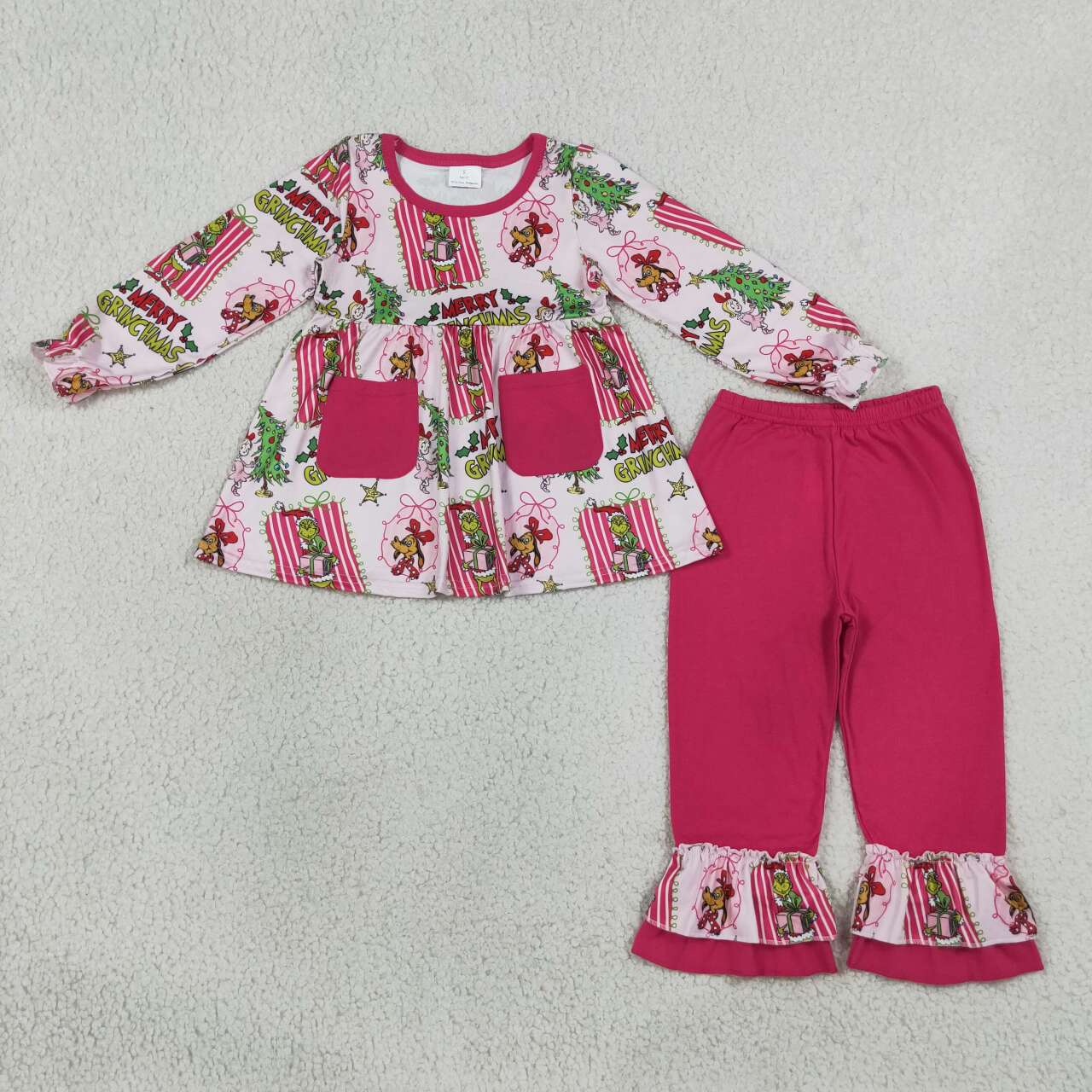 GLP3461 Green Frog Pockets Tunic Top Ruffle Pants Girls Christmas Clothes Set