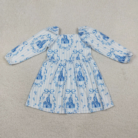 Sibling Baby Girls Blue Stripe Bows Castles Tunic Bell Bottom Clothes Set Knee Length Dresses