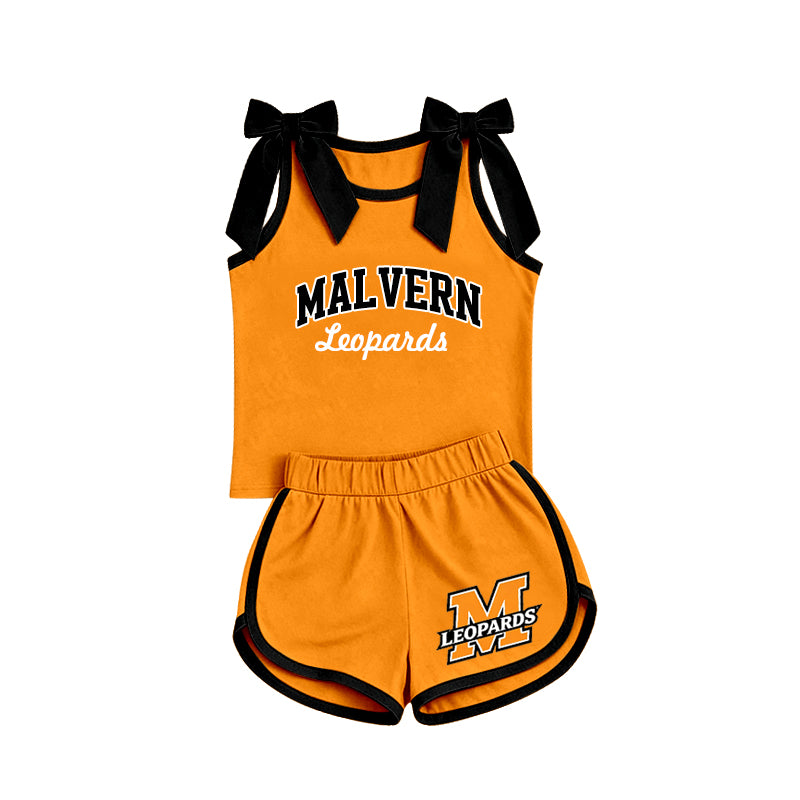 (Custom Design Preorder MOQ 5) Teams Malvern LEOPARDS Bows Vest Top Orange Shorts Mommy and Me Summer Clothes Set