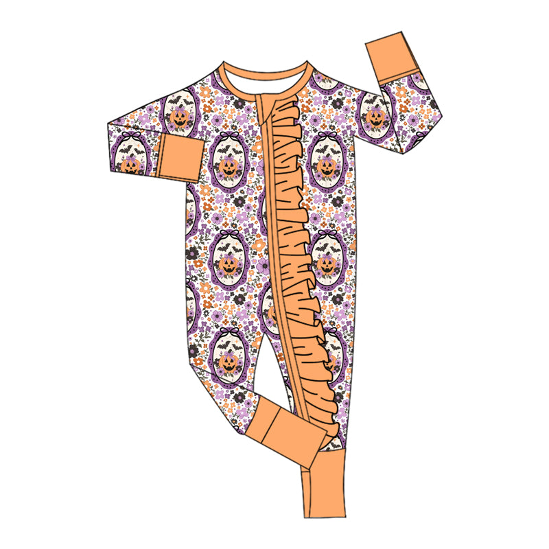 (Custom Design Preorder MOQ 5 ) Pumpkin Flowers Bows Print Baby Girls Halloween Zipper Sleeper Romper