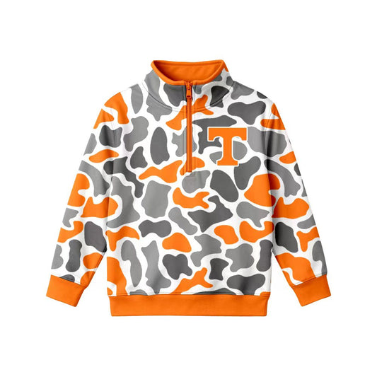 (Custom Design Preorder MOQ 5) Teams Tennessee Grey Orange Camo Print Boys Zipper Pullover Top