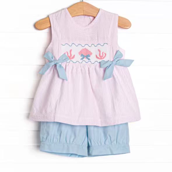 (Custom Design Preorder MOQ 5) Shell Stripes Tunic Top Blue Shorts Girls Summer Outfits
