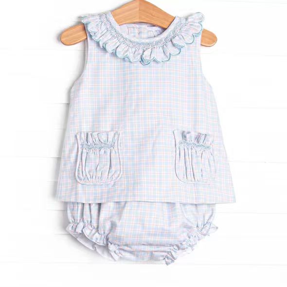 (Custom Design Preorder MOQ 5 ) Blue Plaid Ruffle Pockets Baby Girls Summer Bummie Set