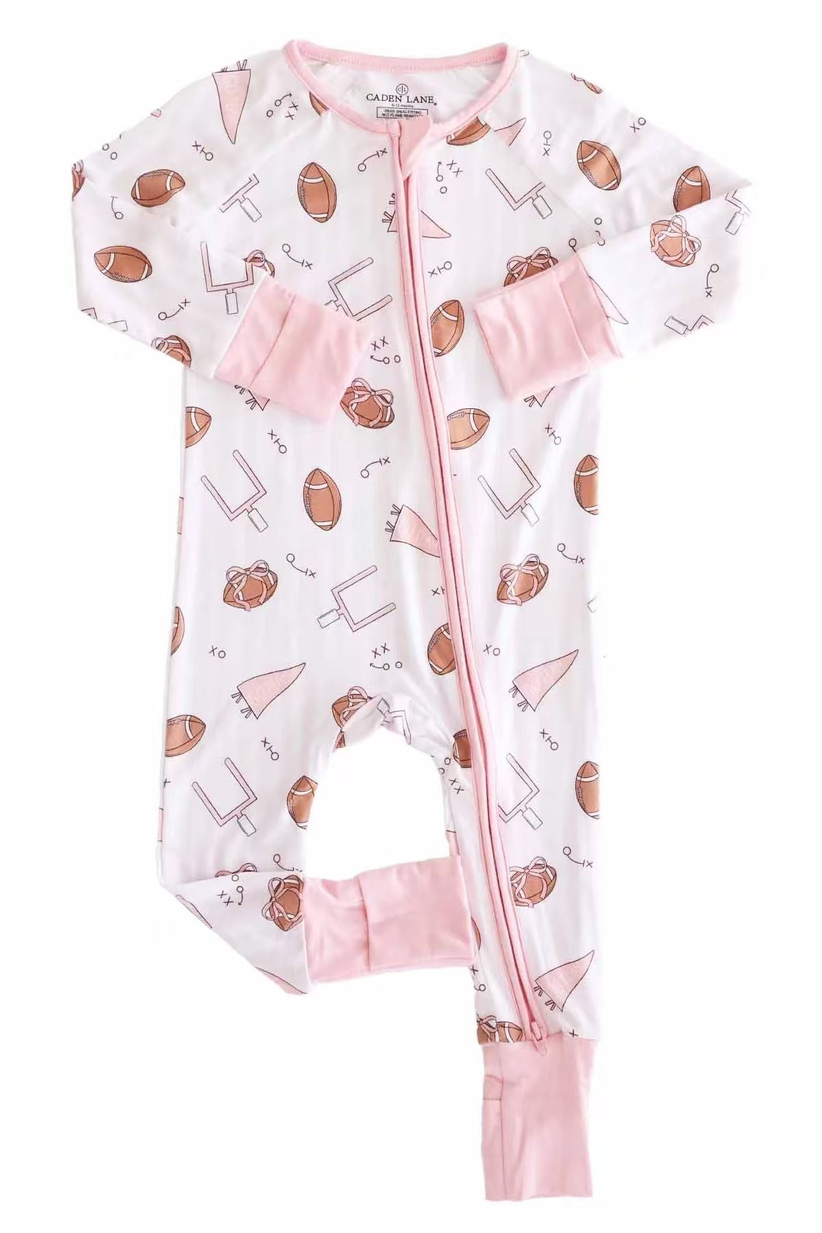 (Custom Design Preorder MOQ 5 ) Football Print Baby Girls Zipper Sleeper Romper