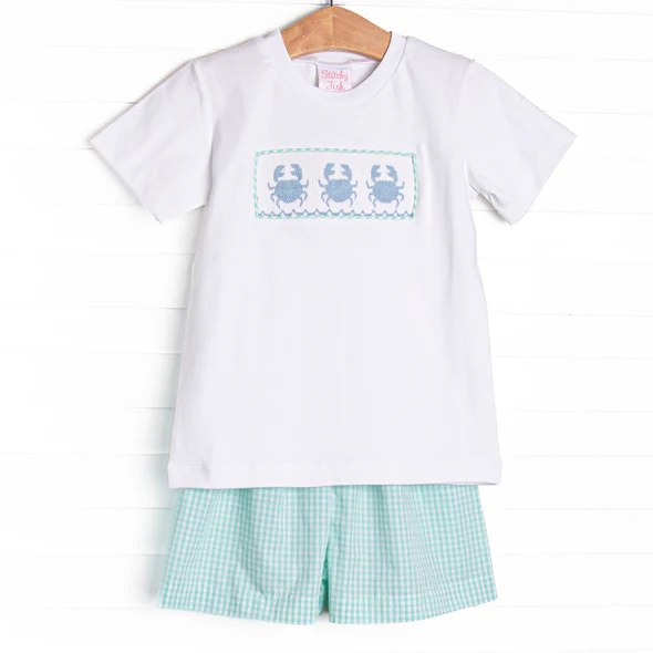 (Custom Design Preorder MOQ 5) Crab White Top Green Plaid Shorts Baby Boys Summer Outfits