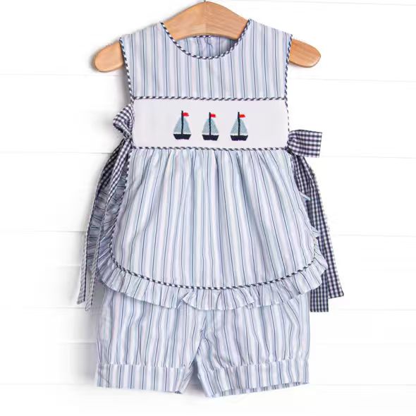 (Custom Design Preorder MOQ 5) Sailboat Stripes Print Baby Girls Summer Outfits