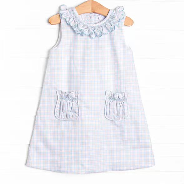 (Custom Design Preorder MOQ 5) Blue Plaid Ruffle Pockets Girls Summer Sleeveless Dress