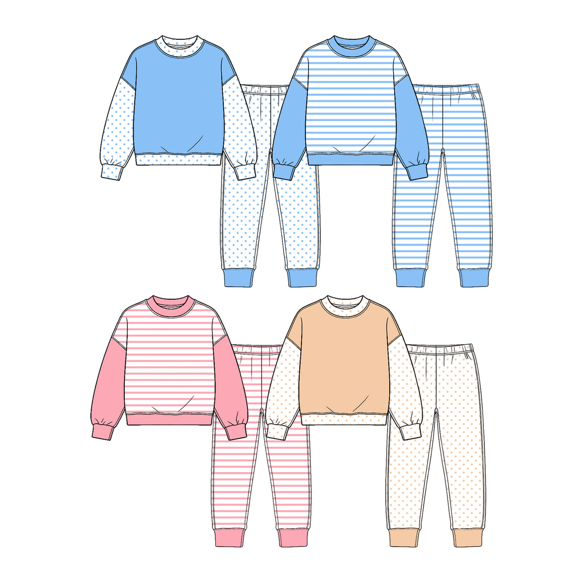 (Custom Design Preorder MOQ 5 Each) Stripes Print Girls Pajamas Clothes Set Sisters Wear