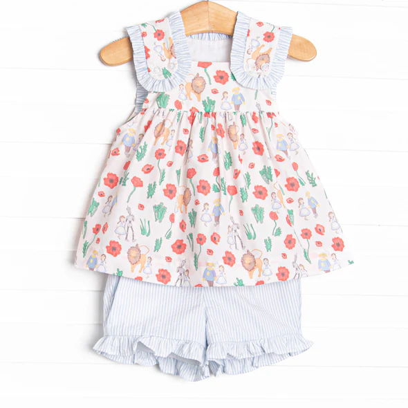 (Custom Design Preorder MOQ 5) Cartoon Characters Flowers Tunic Top Stripes Shorts Girls Summer Clothes Set