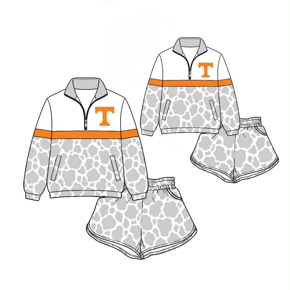 (Custom Design Preorder MOQ 5) Teams Tennessee Grey Print Kids & Adult Long Sleeve Zipper Top Shorts Clothes Set