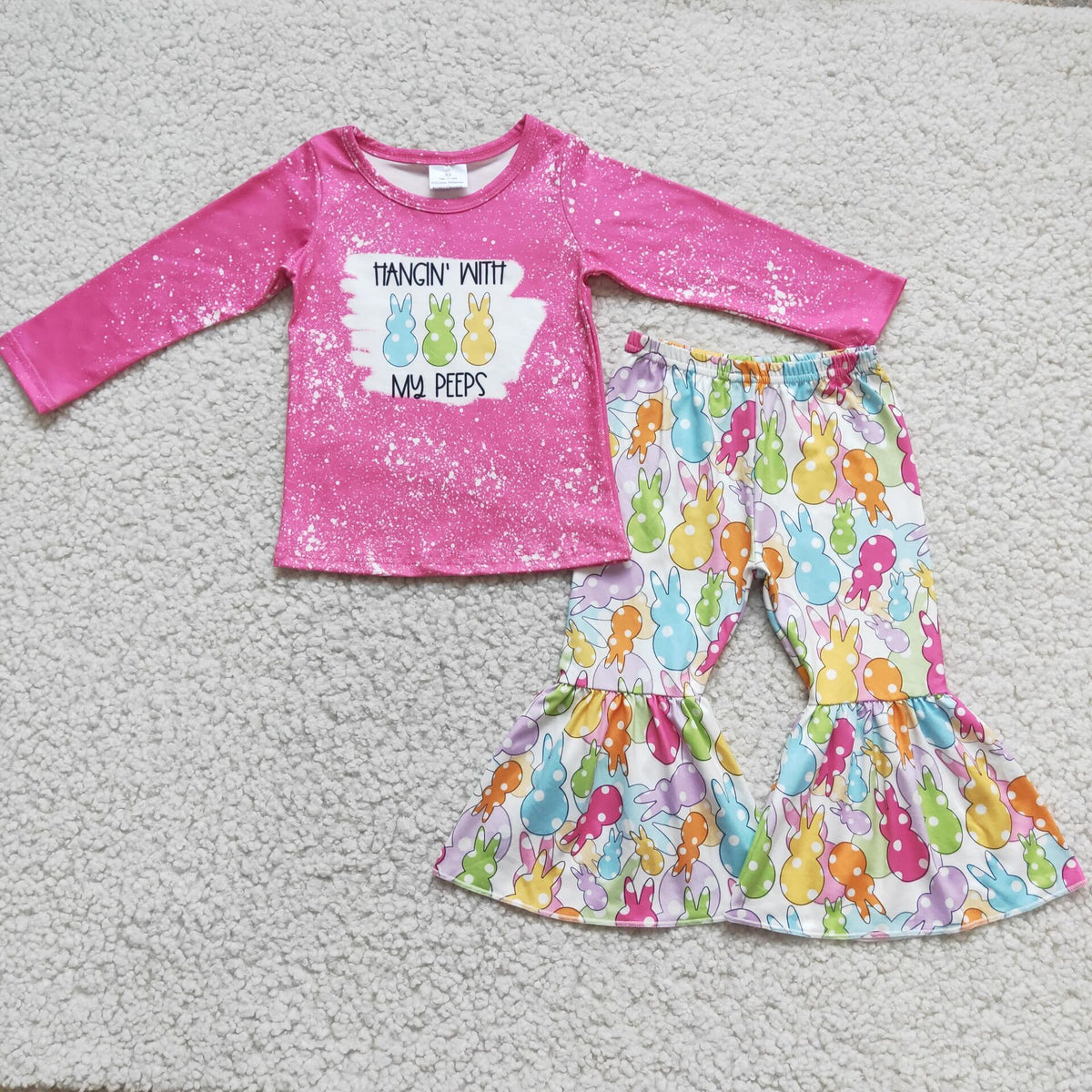 6 A0-2 Pink Top Colorful Bunny Bell Pants Girls Easter Clothes Set