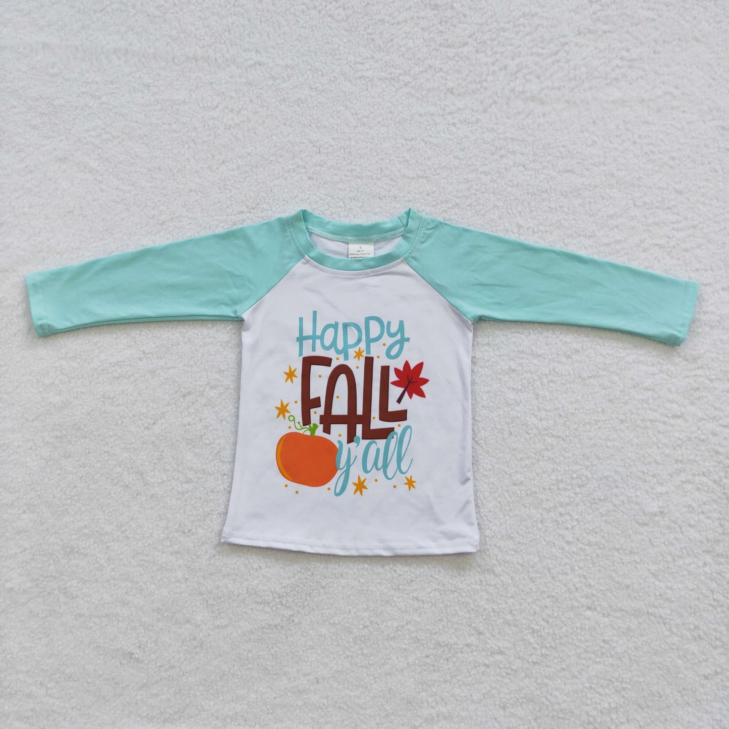 6 A11-11 Happy Fall Y'all Pumpkin Blue Raglan Sleeve Tee Shirts Top